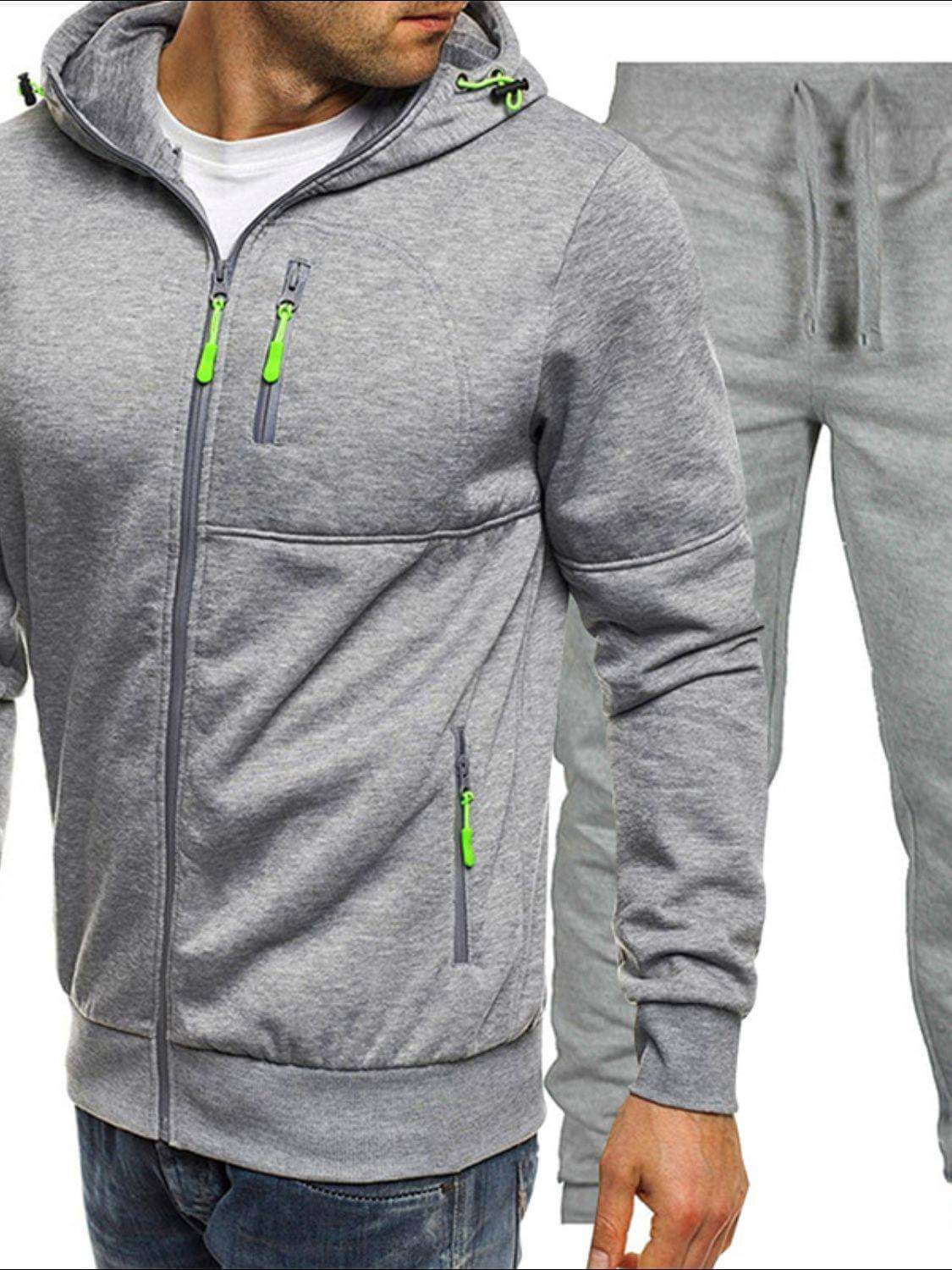 Men's Plus Size Zip Up Hooded Top and Pants Set