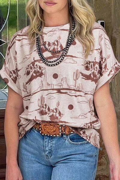 Printed Round Neck Short Sleeve T-Shirt - Clothes For Her Online Store