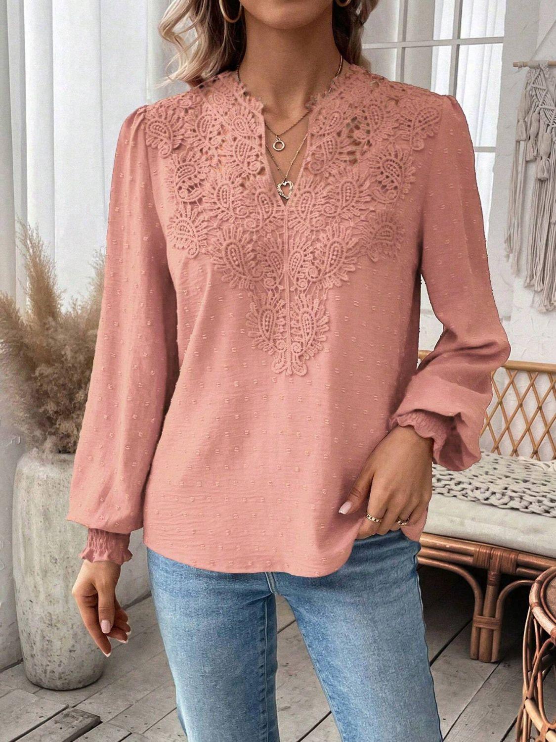 Swiss Dot Lace Detail Notched Long Sleeve Blouse - Clothes For Her Online Store