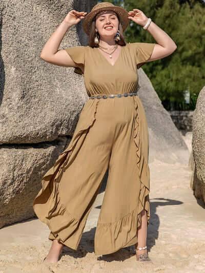 Plus Size Slit Ruffled V-Neck Jumpsuit - Clothes For Her Online Store