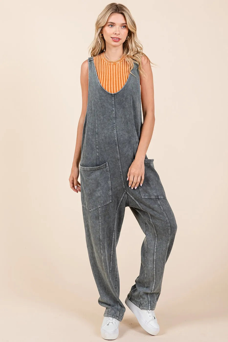 Mittoshop Mineral Wash Relaxed Fit Sleeveless Harem Jumpsuit