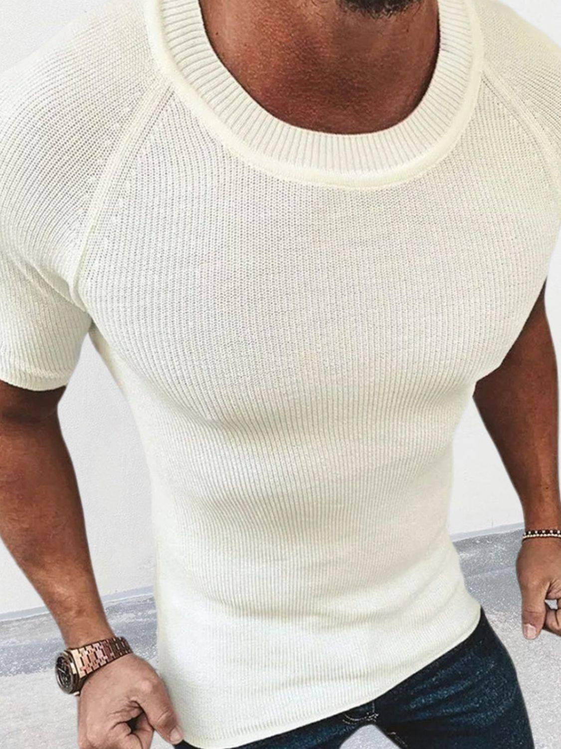 Men's Round Neck Short Sleeve Ribbed Knit T-Shirt - Clothes For Her Online Store