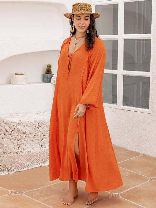 Plus Size Tie Neck Long Sleeve Slit Dress - Clothes For Her Online Store