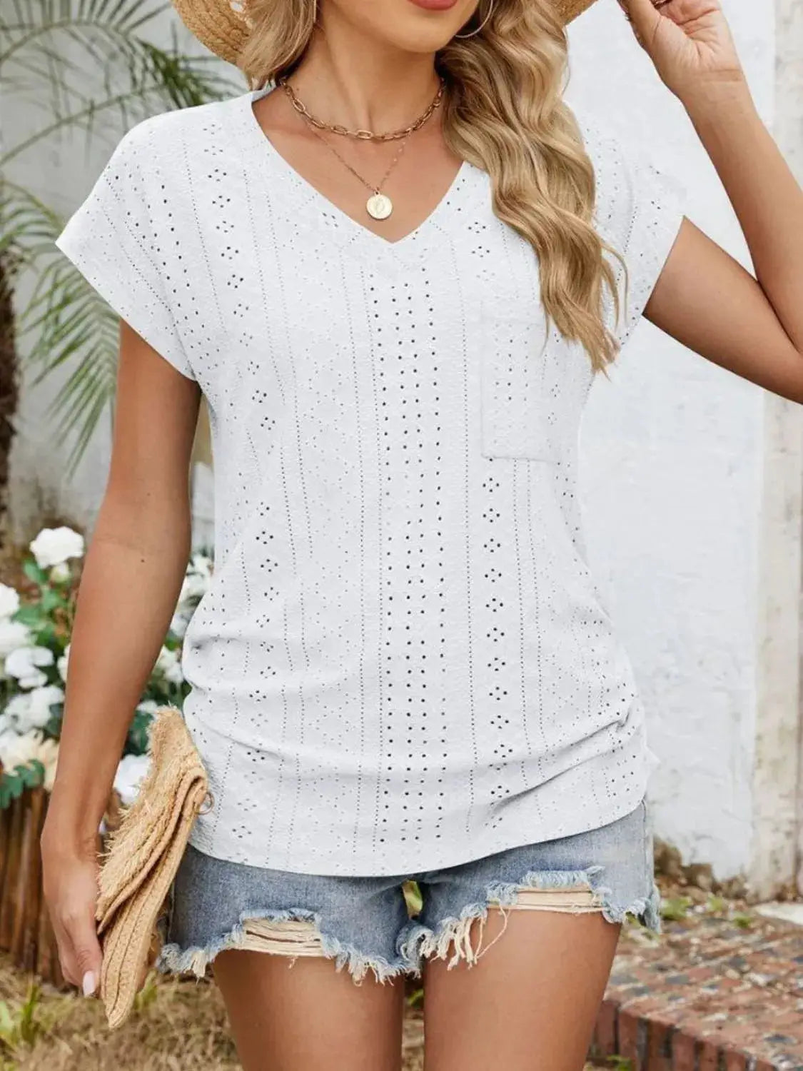Eyelet V-Neck Short Sleeve Top - Clothes For Her Online Store