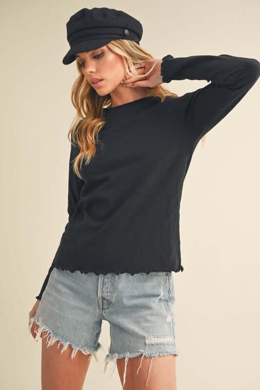 Aemi + Co Lettuce Hemline Round Neck Raglan Sleeve T-Shirt - Clothes For Her Online Store