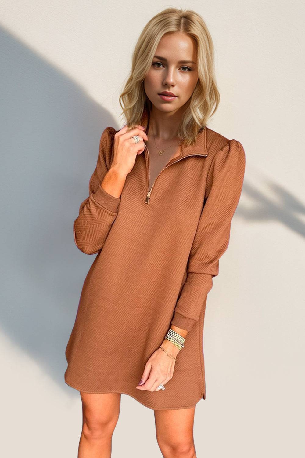 Double Take Textured Quarter Zip Long Sleeve Dress - Clothes For Her Online Store