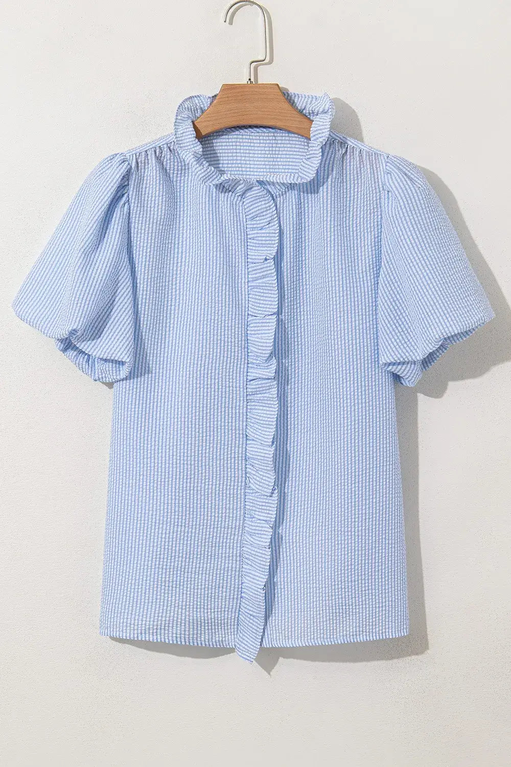 Striped Ruffle Short Bubble Sleeve Shirt