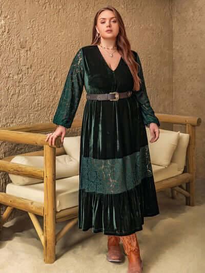Plus Size Lace Patchwork V-Neck Balloon Sleeve Midi Dress - Clothes For Her Online Store