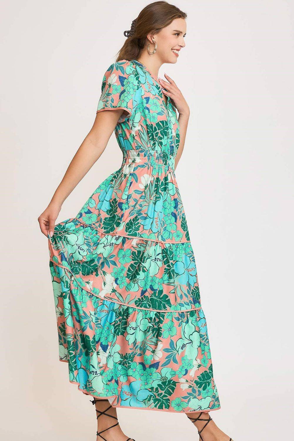 Umgee Full Size Printed Notched Short Sleeve Tiered Dress Plus Size - Clothes For Her Online Store