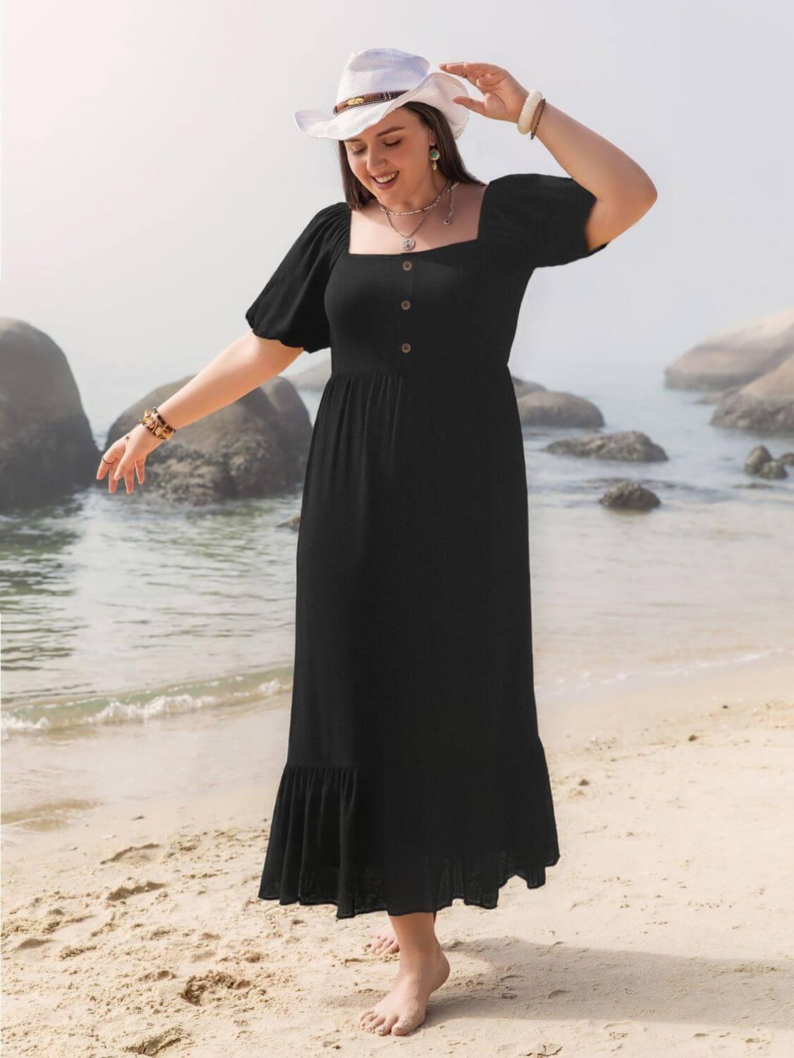 Plus Size Ruffled Hem Square Neck Short Sleeve Dress - Clothes For Her Online Store