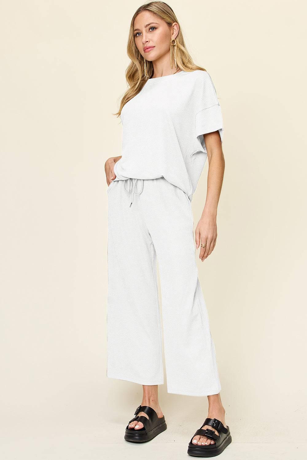 Double Take Full Size Texture Round Neck Short Sleeve T-Shirt and Wide Leg Pants - Clothes For Her Online Store