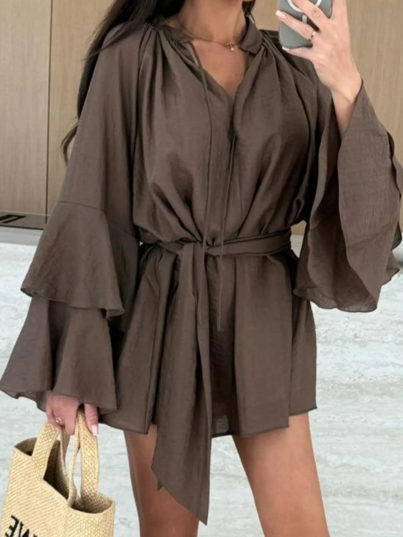 Bell Sleeve Tie Waist Mini Shirt Dress