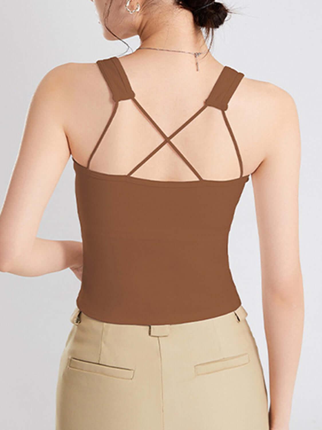 Crisscross Scoop Neck Wide Strap Cropped Tank with Chest Pads - Clothes For Her Online Store