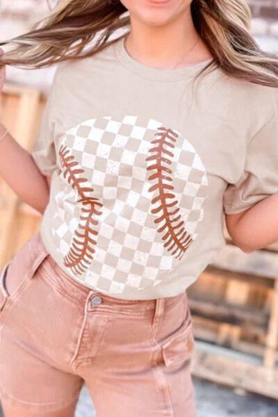 Contrast Checkered Baseball Graphic Round Neck Short Sleeve T-Shirt - Clothes For Her Online Store