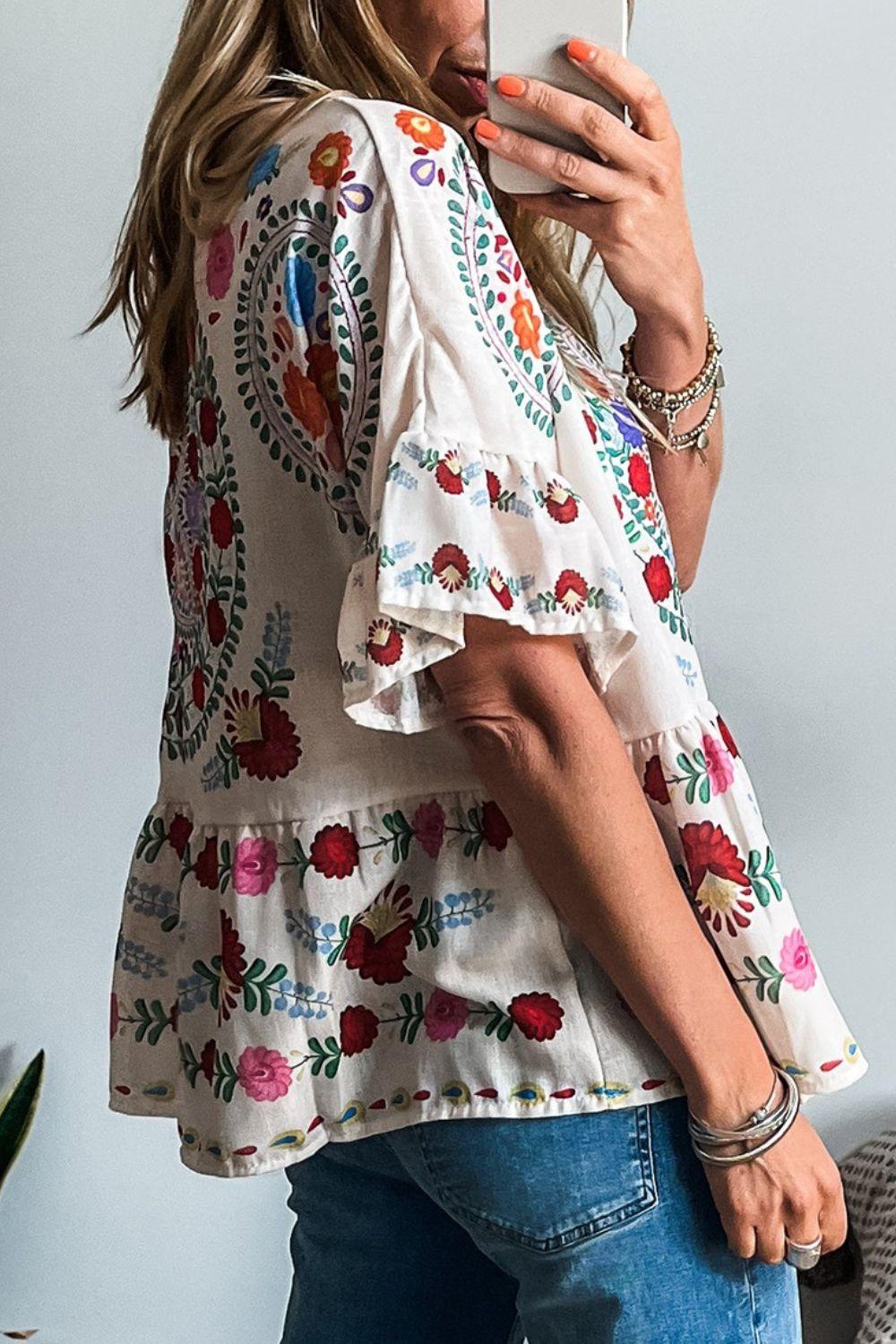 Floral Print Round Neck Ruffle Trim Blouse - Clothes For Her Online Store