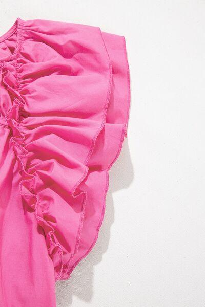 Shirred Tie Neck Ruffled Cap Sleeve Blouse - Clothes For Her Online Store