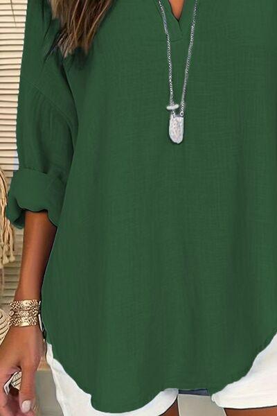 Solid Color Notched Long Sleeve Blouse - Clothes For Her Online Store