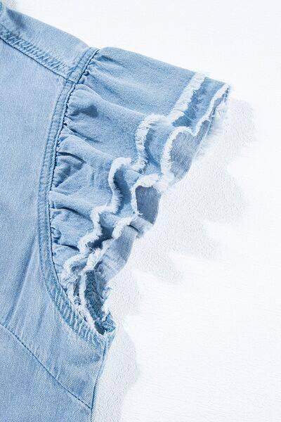 Button Down Raw Hem Ruffled Denim Shirt - Clothes For Her Online Store