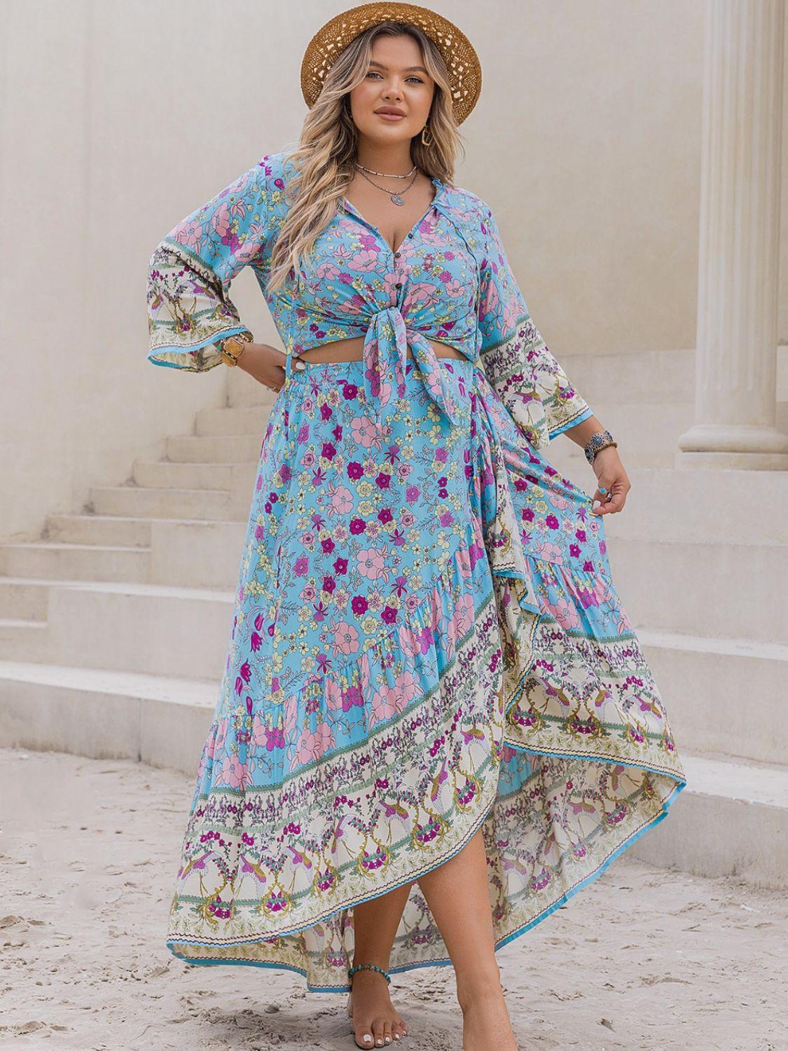 Plus Size Printed Tie Neck Top and Skirt Set - Clothes For Her Online Store