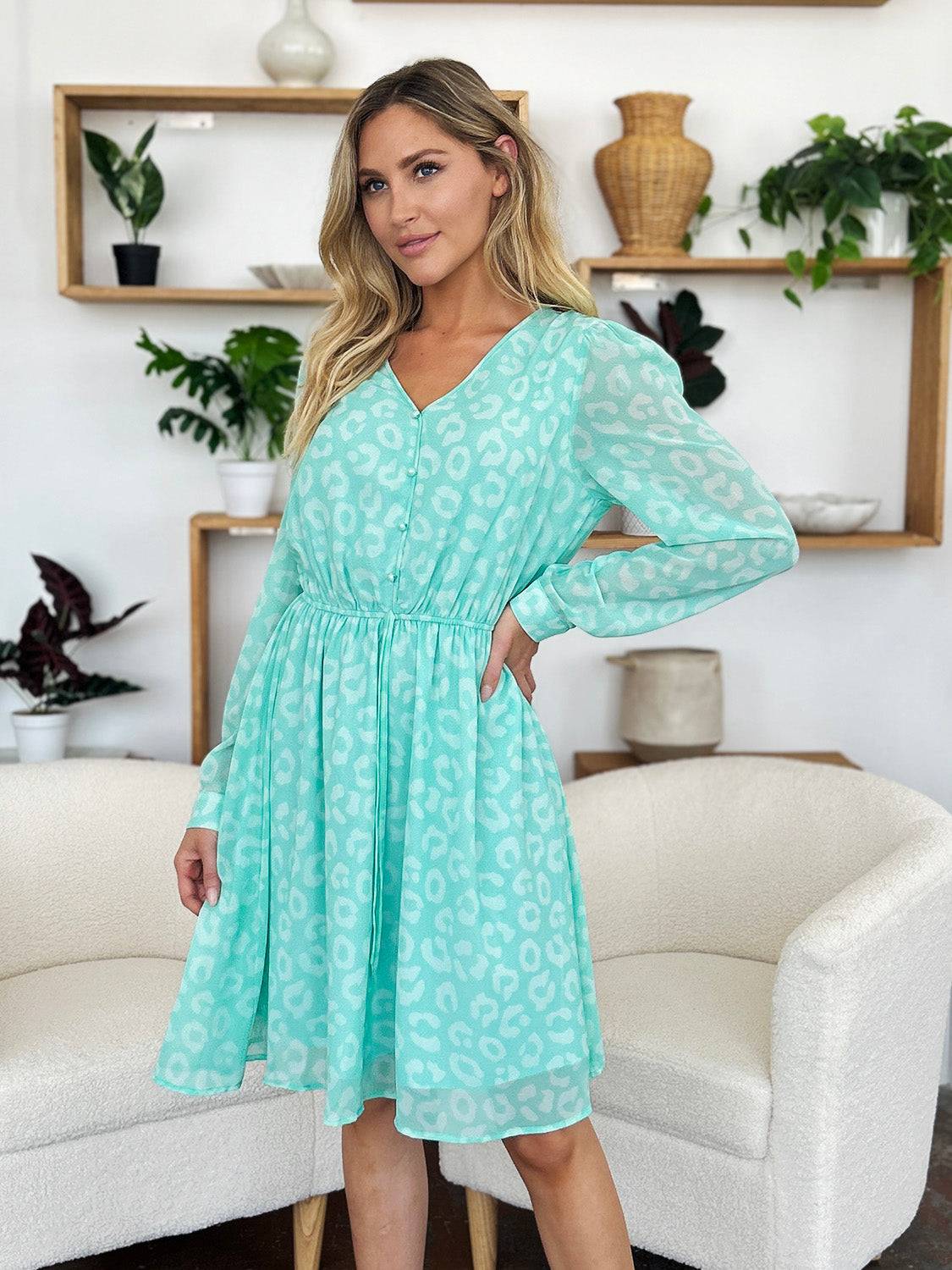 Double Take Full Size Printed Ruched V-Neck Long Sleeve Dress - Clothes For Her Online Store