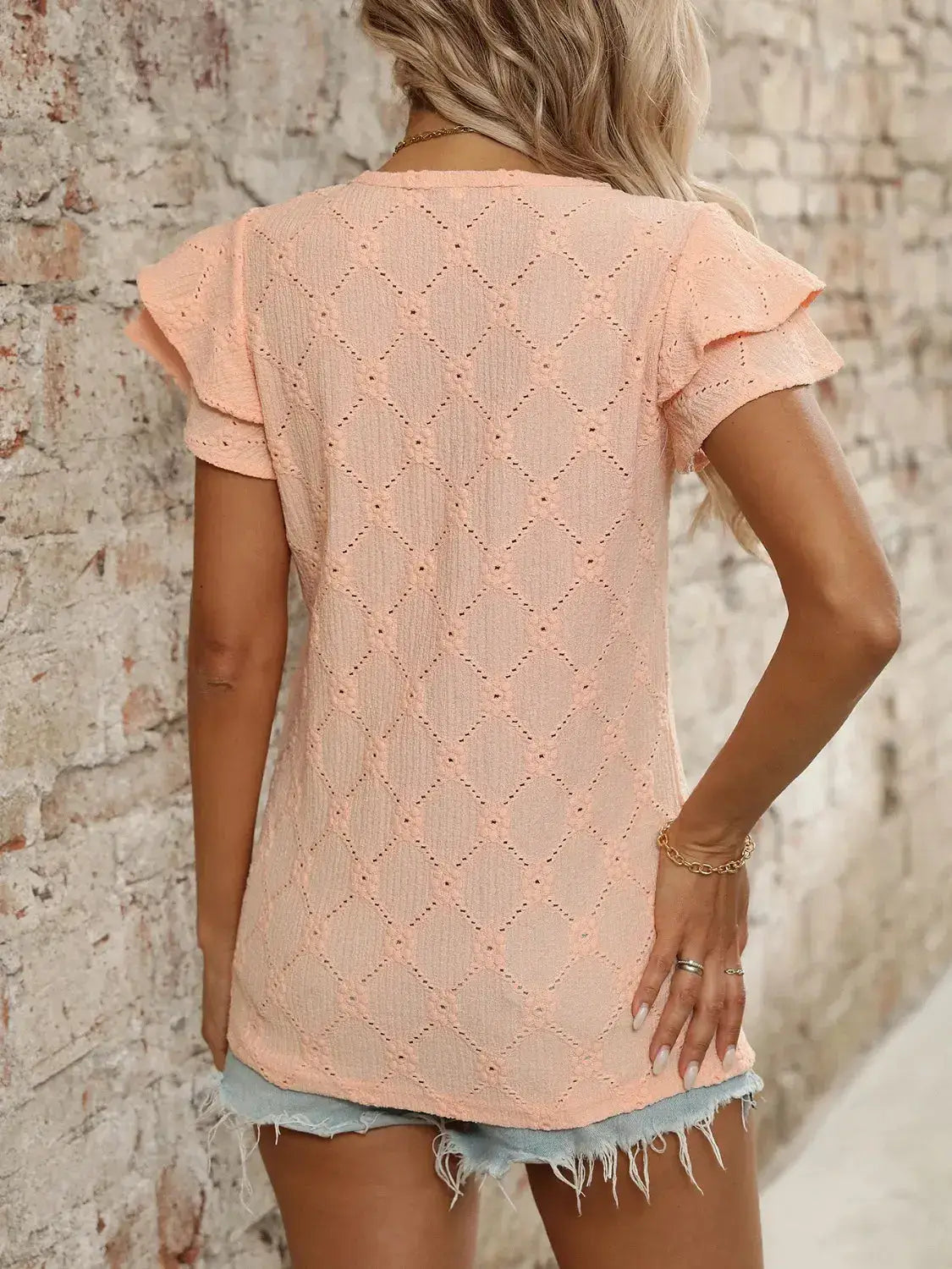 Eyelet V-Neck Ruffled Cap Sleeve Top - Clothes For Her Online Store