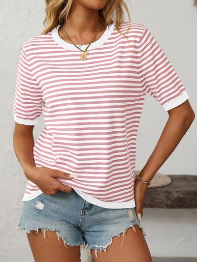 Mandy Striped Round Neck Half Sleeve Knit Top - Clothes For Her Online Store