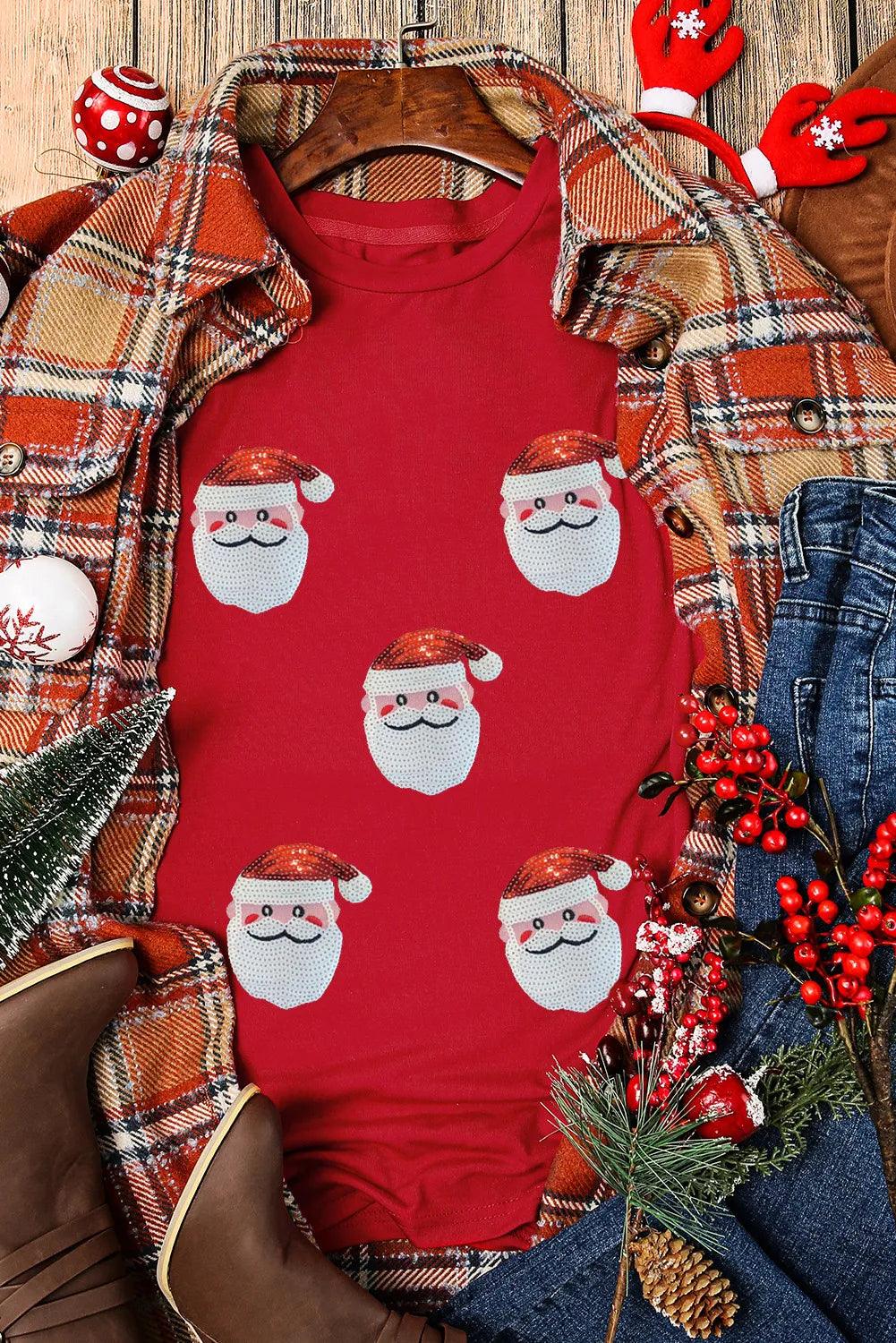 Sequin Santa Round Neck Short Sleeve T-Shirt - Clothes For Her Online Store
