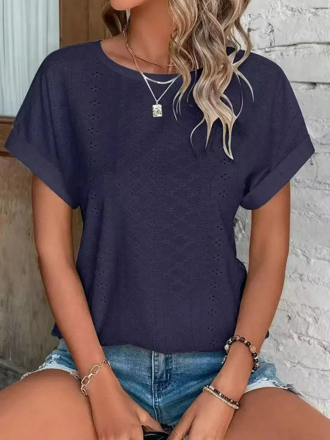 Eyelet Round Neck Short Sleeve Top - Clothes For Her Online Store