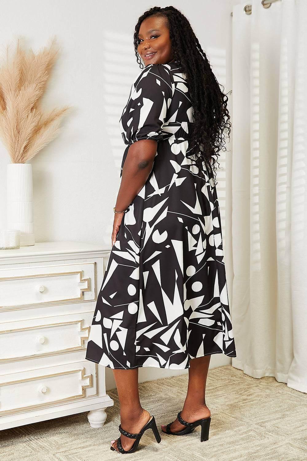 Printed Surplice Balloon Sleeve Dress - Clothes For Her Online Store