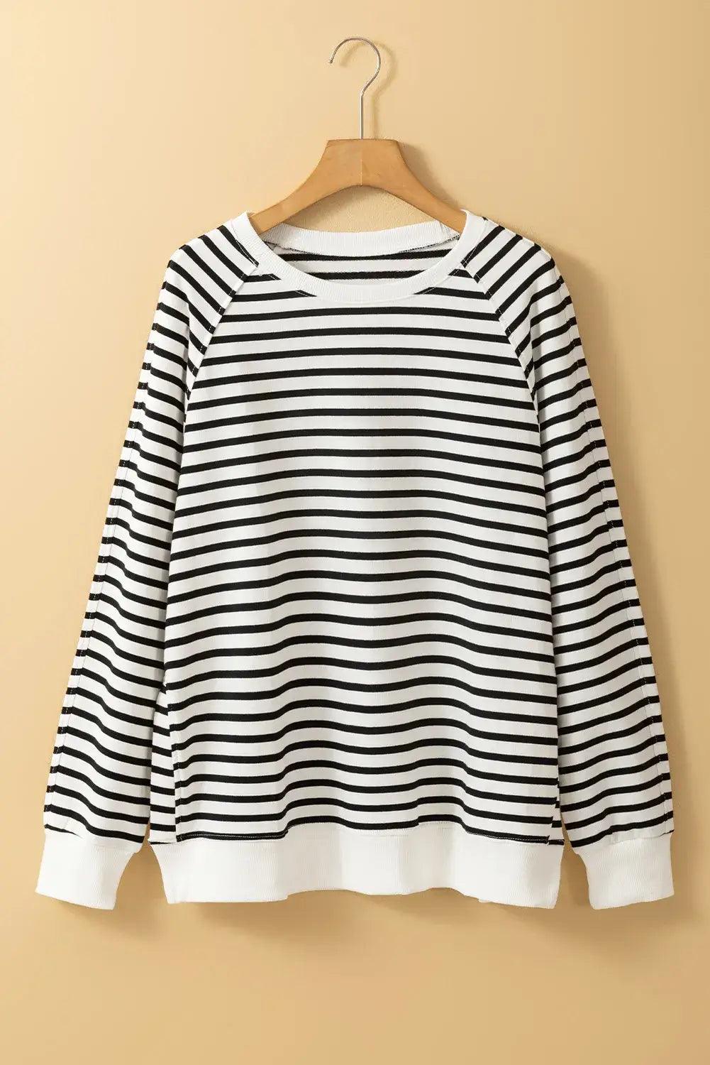 Slit Striped Round Neck Long Sleeve Sweatshirt - Clothes For Her Online Store