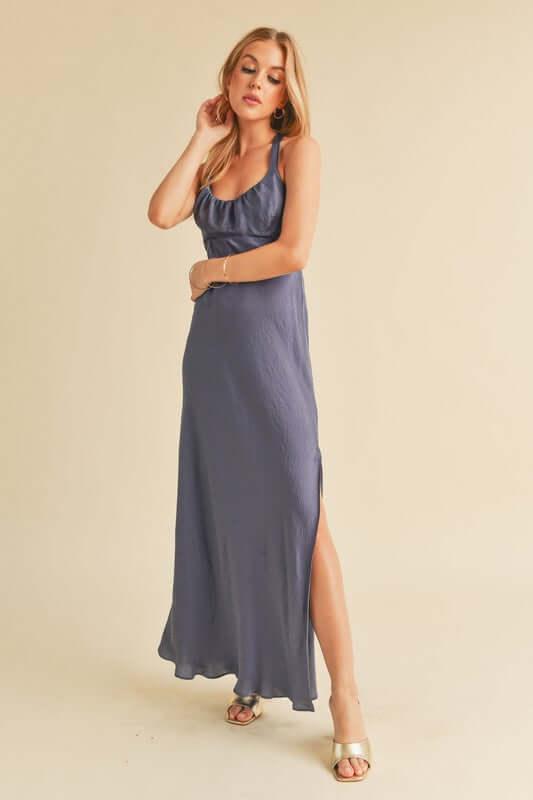Aemi + Co Ruched Side Slit Cutout Back Maxi Cami Dress - Clothes For Her Online Store