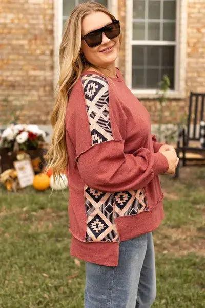 Plus Size Geometric Round Neck Long Sleeve Sweatshirt - Clothes For Her Online Store