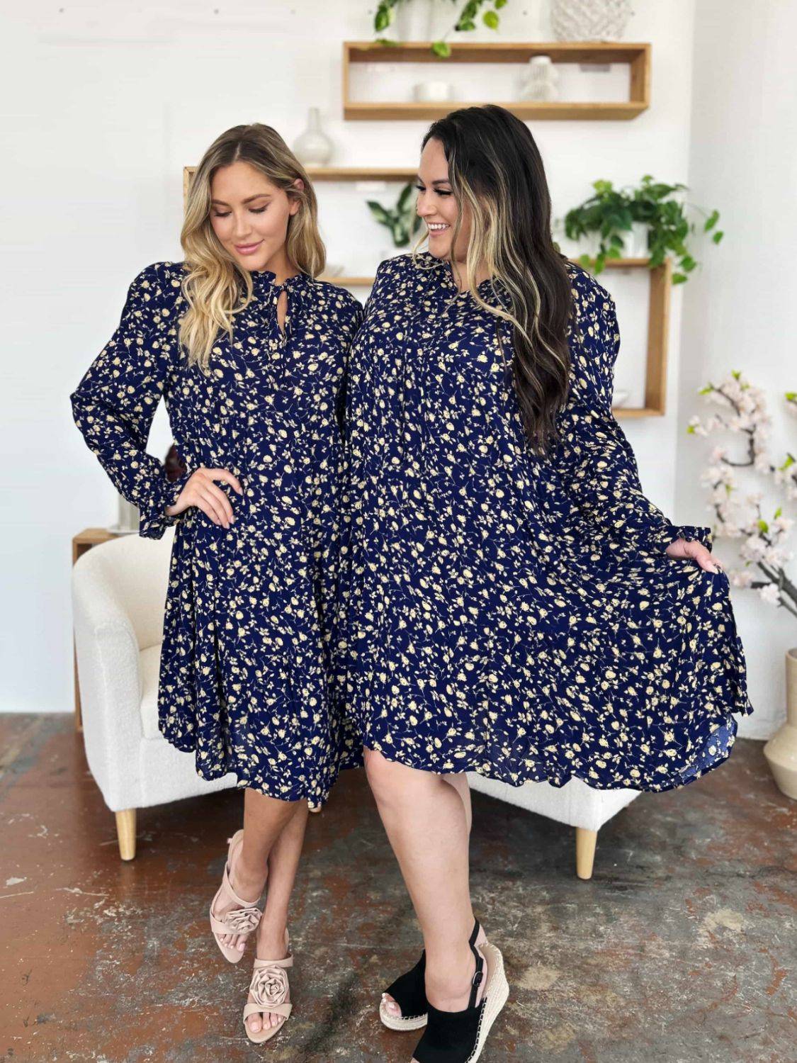 Double Take Full Size Printed Ruffle Hem Long Sleeve Tiered Dress - Clothes For Her Online Store