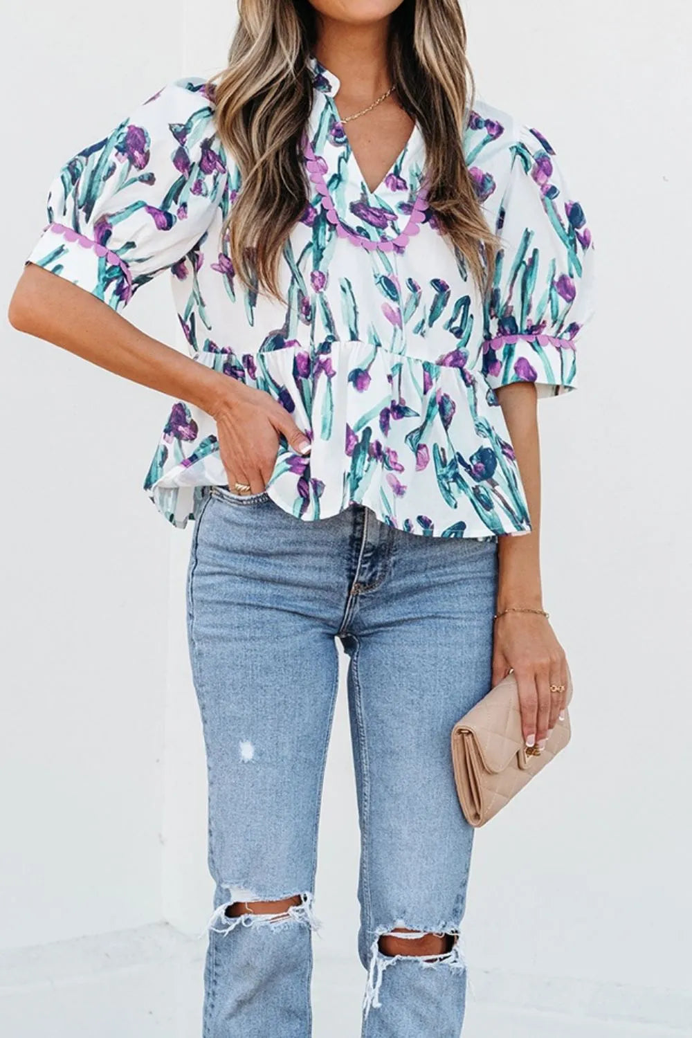Floral Ricrac Trim Half Sleeve Peplum Top - Clothes For Her Online Store