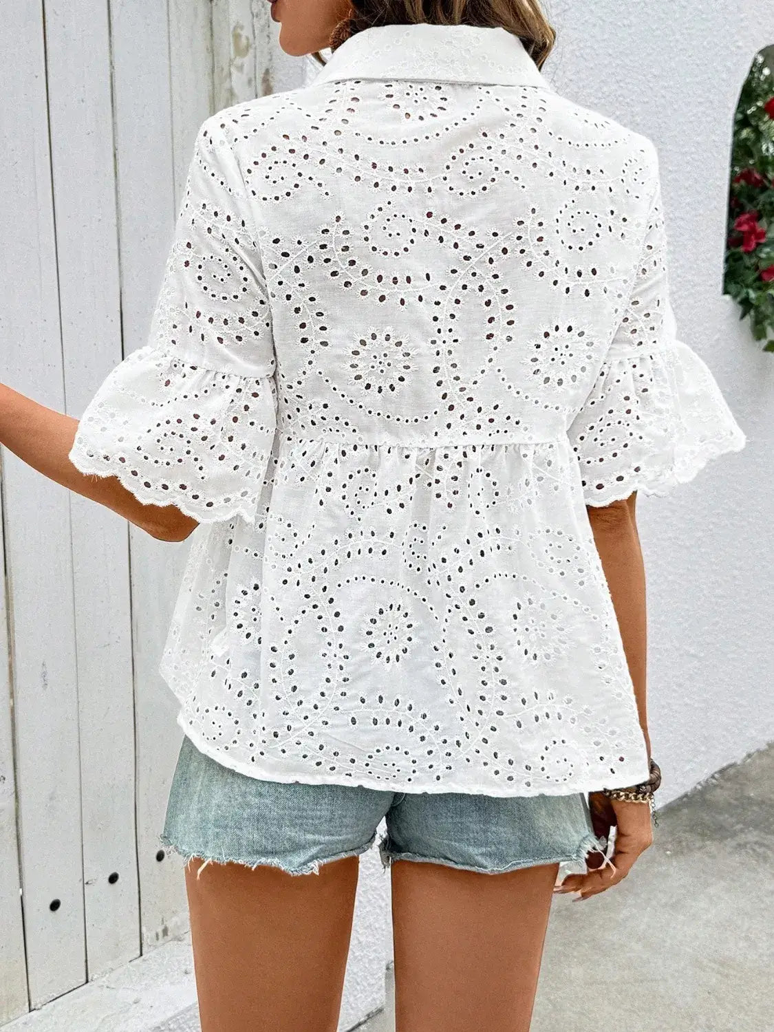 Eyelet Solid Collared Neck Half Sleeve Shirt