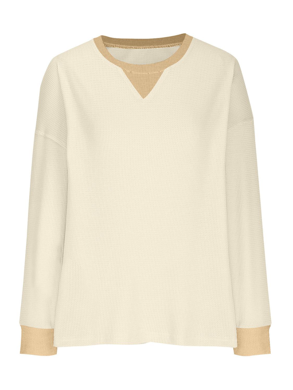 Waffle Knit Round Neck Long Sleeve T-Shirt - Clothes For Her Online Store