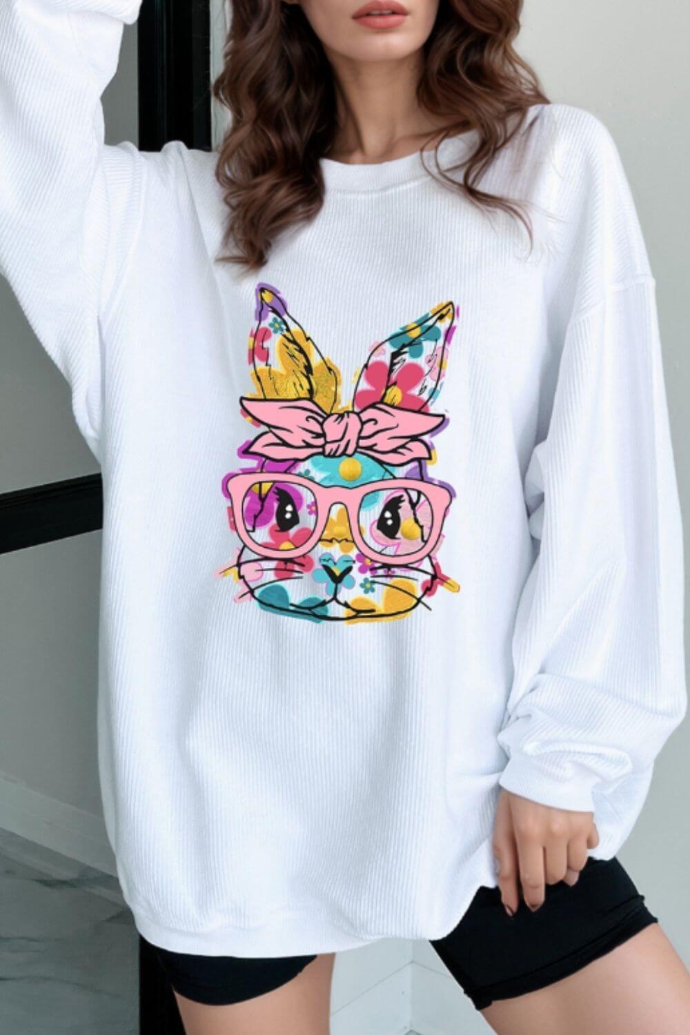 Bunny Graphic Round Neck Sweatshirt - Clothes For Her Online Store