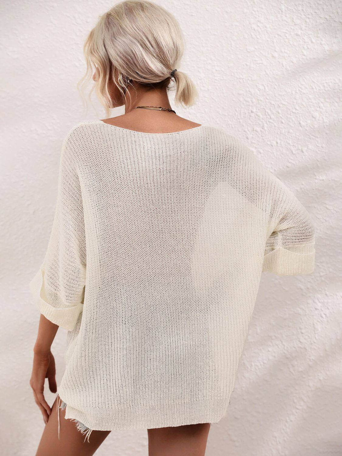 Boat Neck Cuffed Sleeve Slit Tunic Knit Top - Clothes For Her Online Store