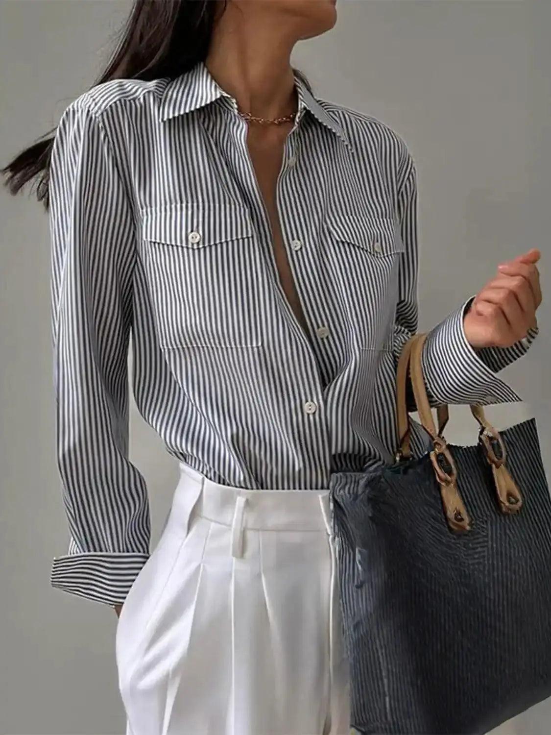 Devine Striped Collared Neck Long Sleeve Shirt - Clothes For Her Online Store