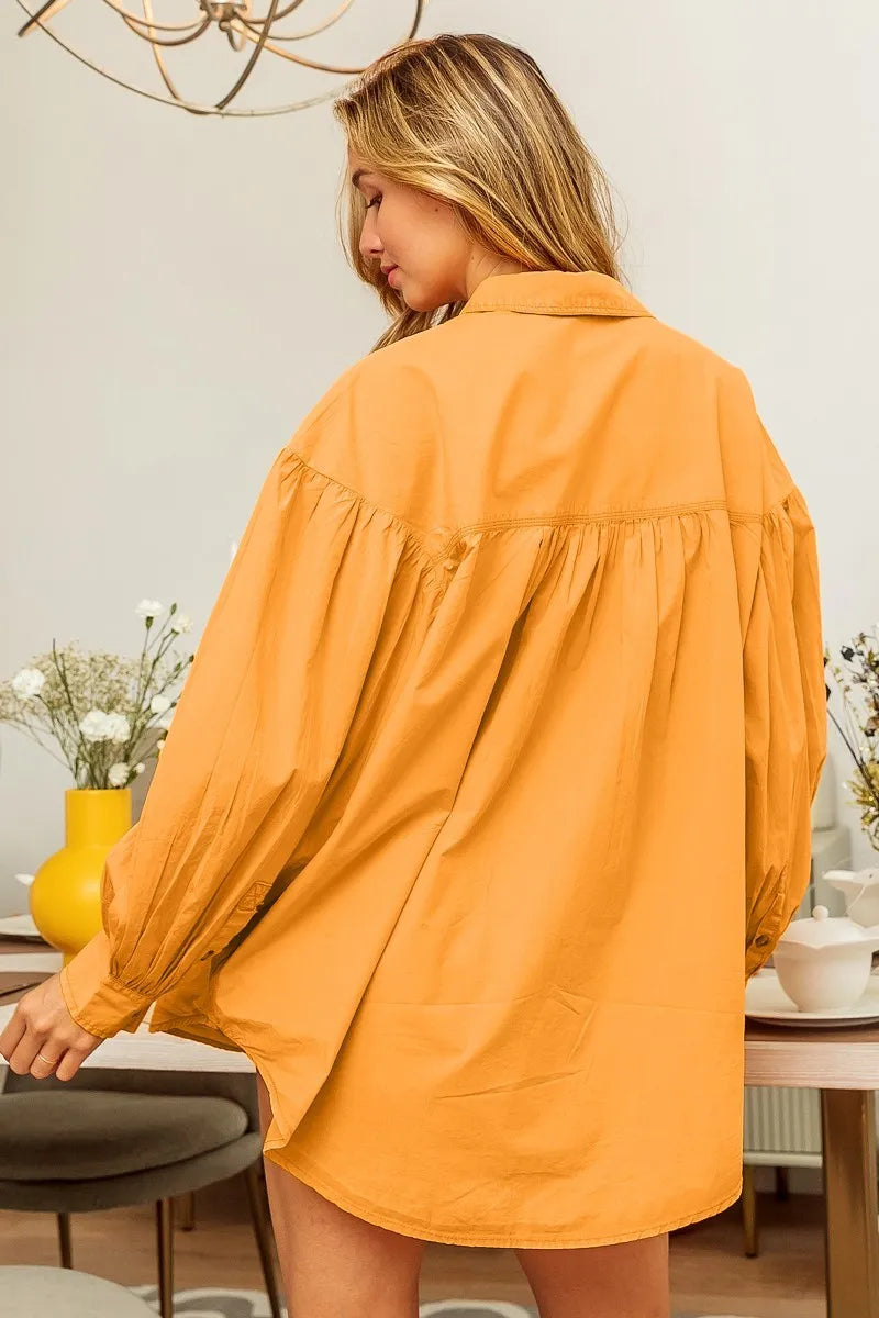 BiBi Vintage Washed Gathered Sleeve Oversized Shirt