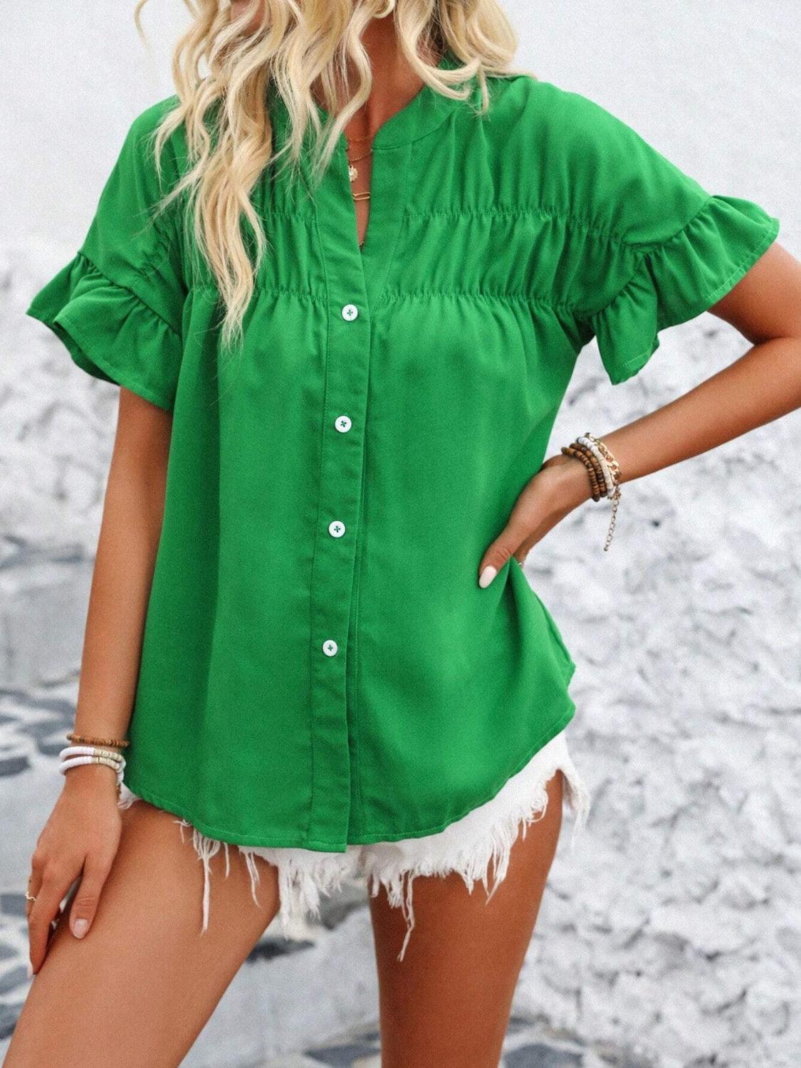 Button Down Ruffled Short Sleeve Shirt - Clothes For Her Online Store