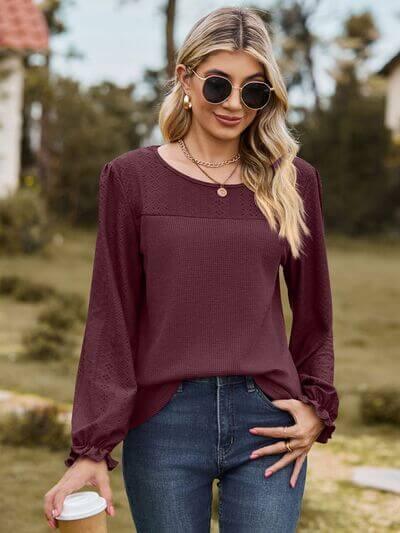 Round Neck Flounce Sleeve Top - Clothes For Her Online Store