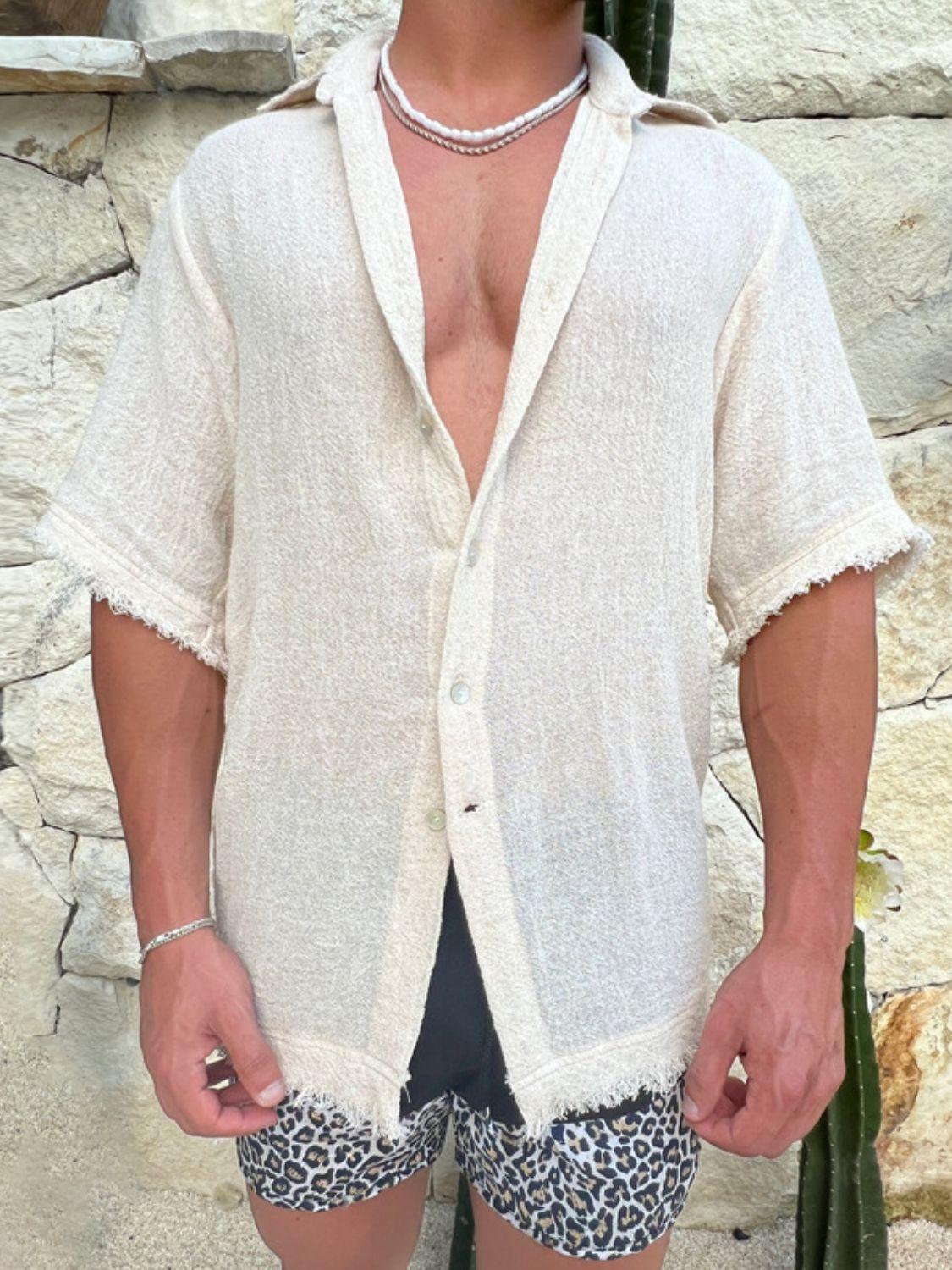 Men's Plus Size Raw Hem Button Down Collared Neck Shirt - Clothes For Her Online Store