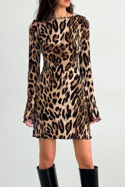 Backless Leopard Long Sleeve Mini Dress - Clothes For Her Online Store