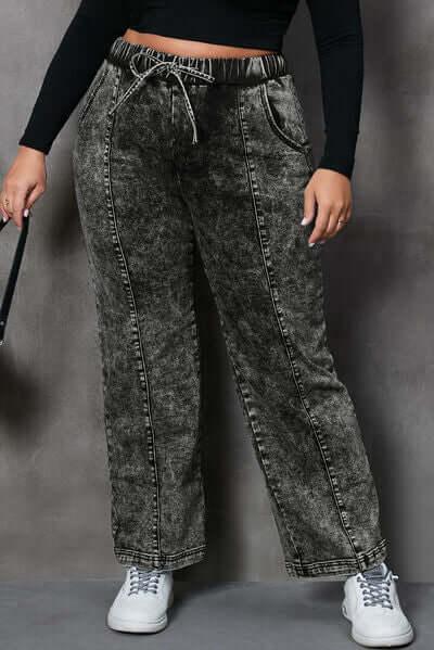 Plus Size Drawstring Pocketed Straight Jeans - Clothes For Her Online Store