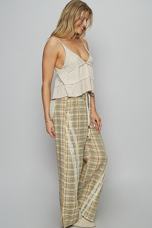 POL Lace Trim Drawstring Checkered Wide Leg Pants - Clothes For Her Online Store