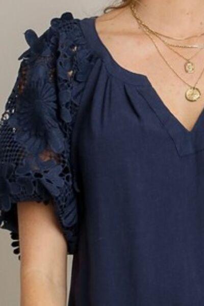 Umgee Full Size French Terry Boxy Cut Top with 3D Floral Sleeve Plus Size - Clothes For Her Online Store