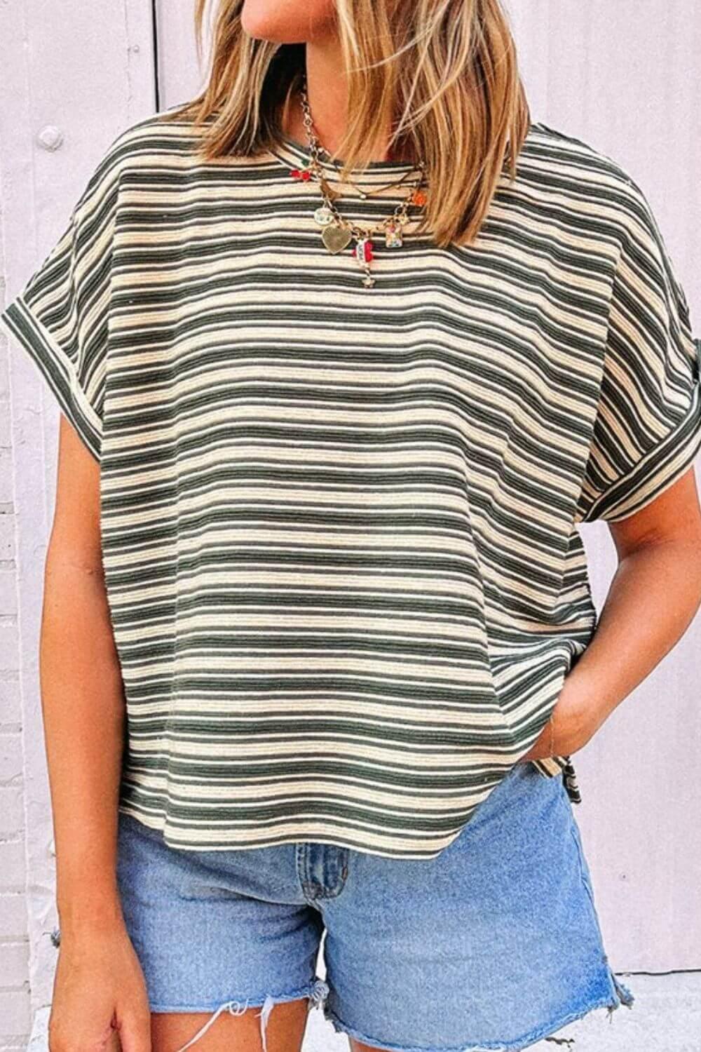 Stripe Textured Side Slit Crew Neck T-Shirt - Clothes For Her Online Store