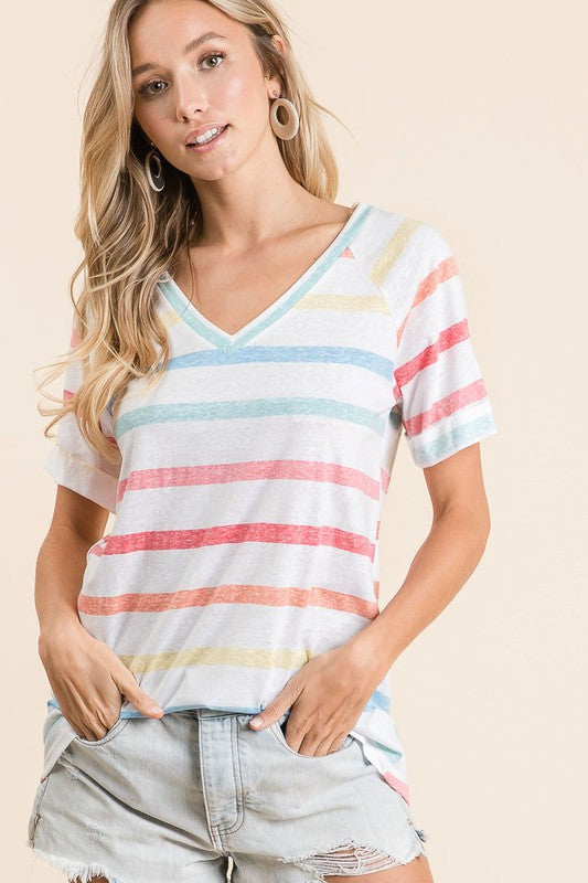 BiBi Striped V-Neck Short Sleeve T-Shirt - Clothes For Her Online Store