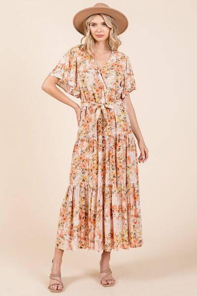 Mittoshop Floral Tie Waist Flutter Sleeve Tiered Dress - Clothes For Her Online Store